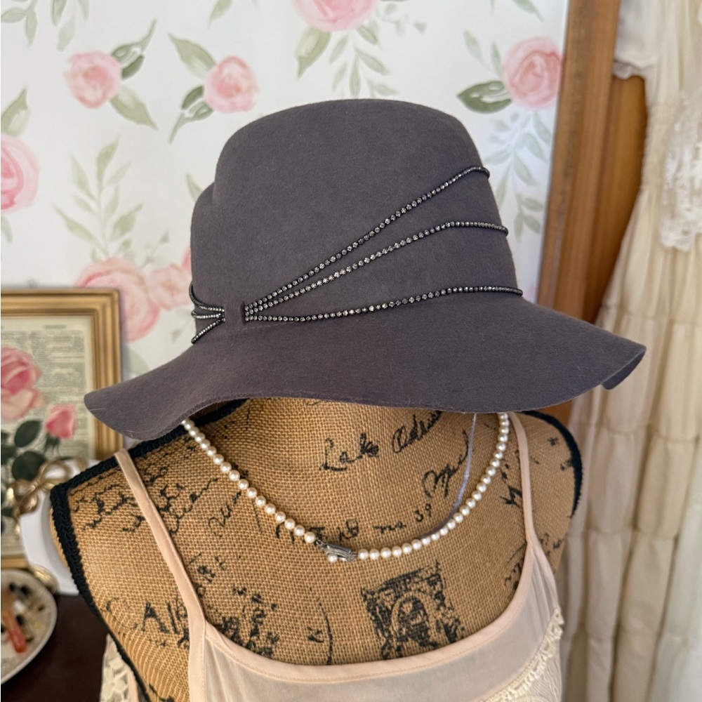 Vintage Gray Brim Hat With Rhinestone Detailing
